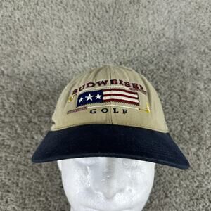 Vintage Budweiser Hat Cap Strap Back One Size Khaki Navy Golf Patriotic Mens 00s